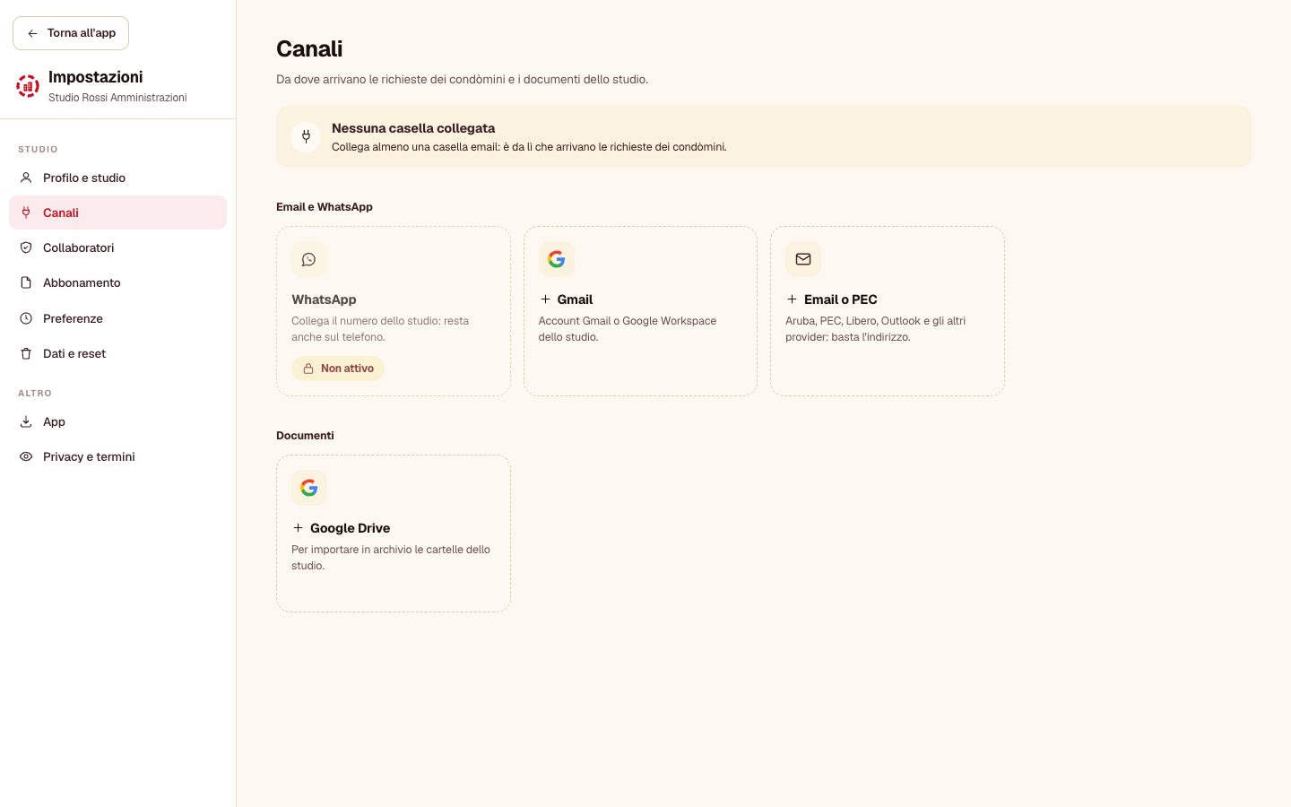 Impostazioni → Canali, senza caselle collegate