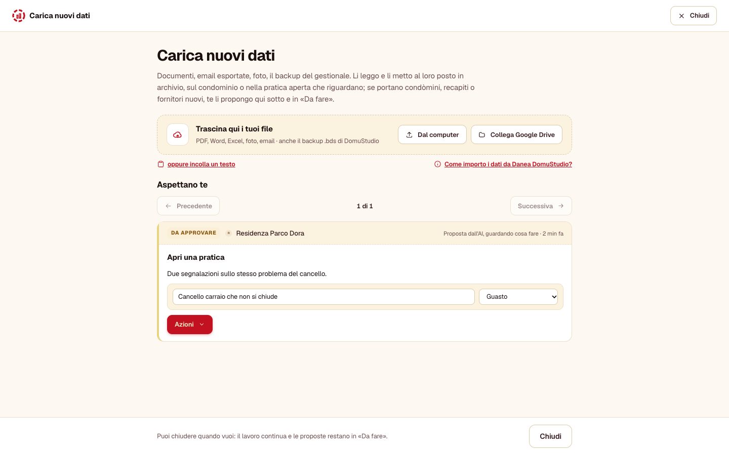 La schermata Carica nuovi dati