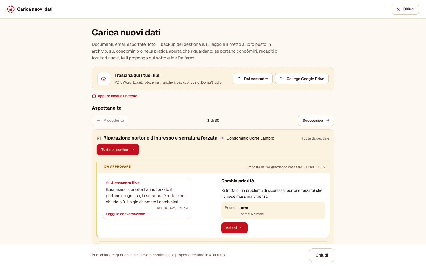 La schermata Carica nuovi dati