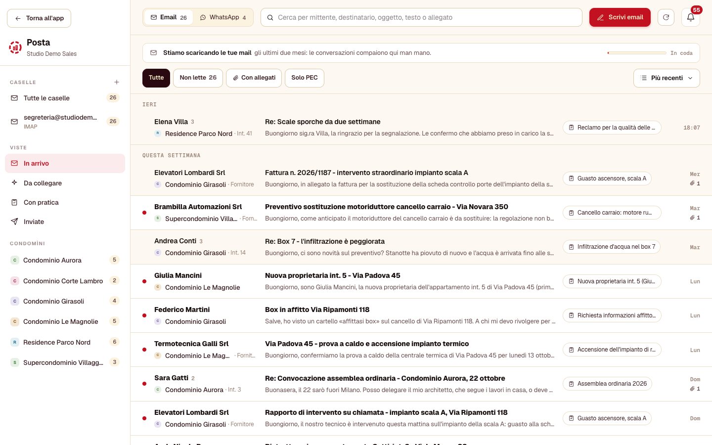 La Posta: le conversazioni email e PEC, con caselle, viste e condomìni a sinistra
