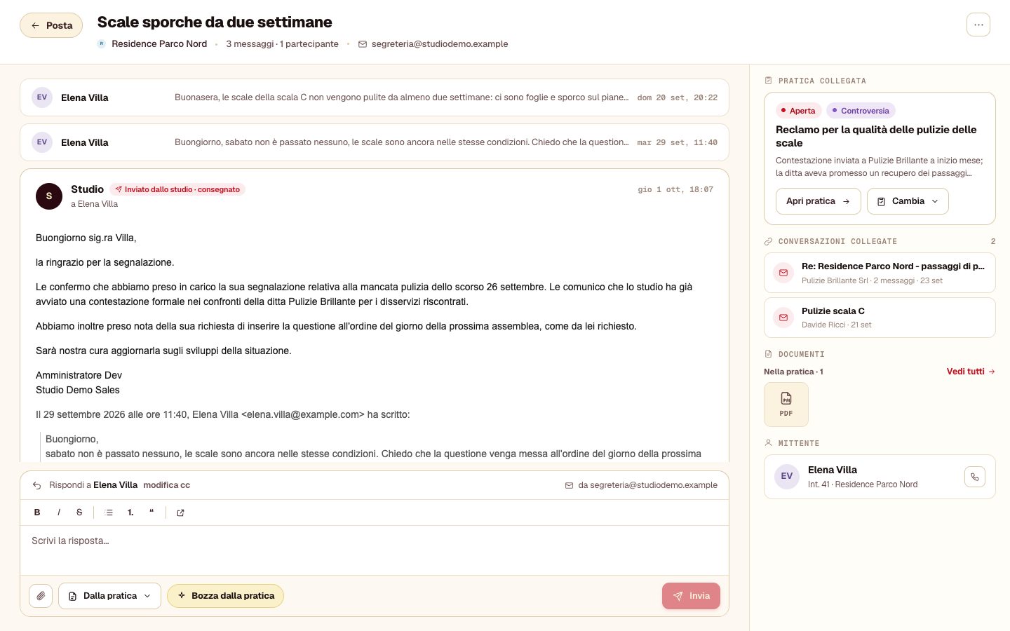 Il dettaglio di una mail: la conversazione, la risposta in fondo, la pratica e il mittente a destra