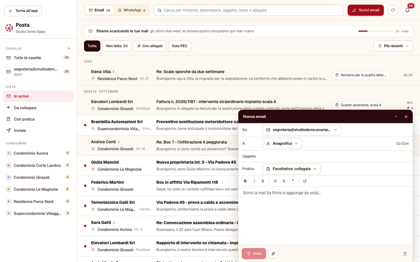 Scrivi email: la mail nuova si apre in basso a destra, sopra la Posta