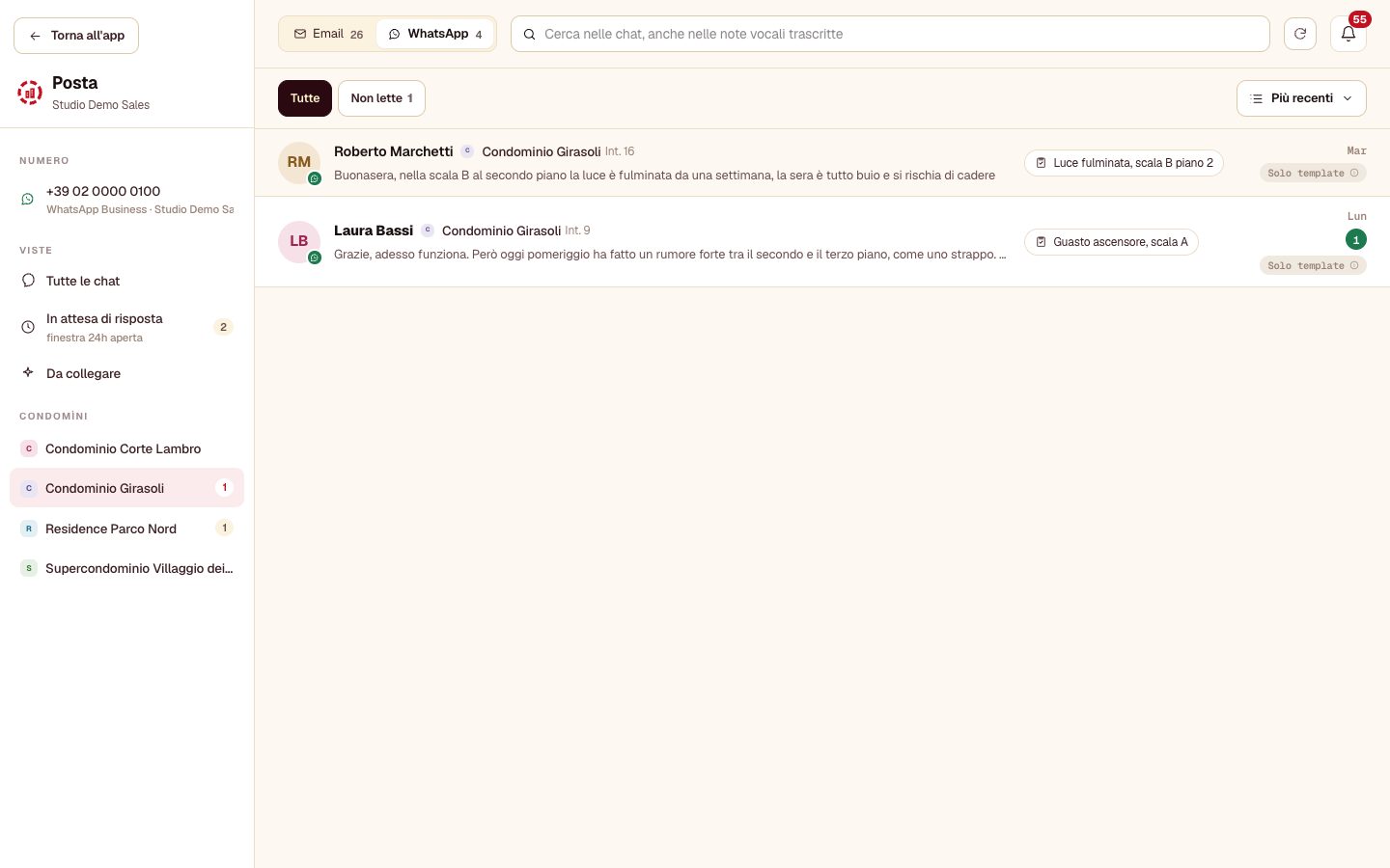 La Posta su WhatsApp: le chat per persona di un condominio, con la pratica e la finestra delle 24 ore