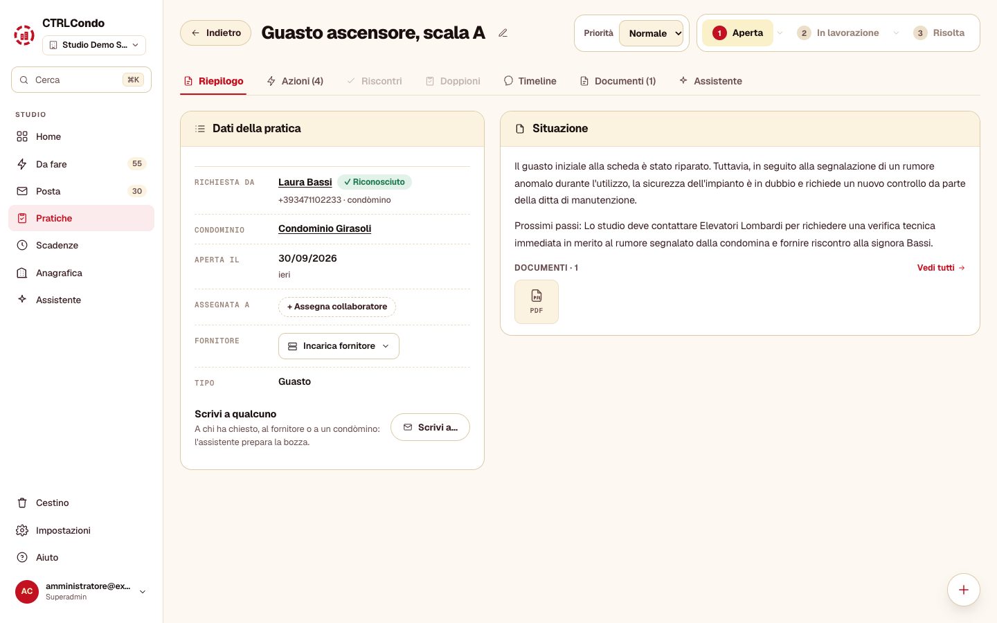 Il dettaglio di una pratica: priorità, stati, dati della pratica