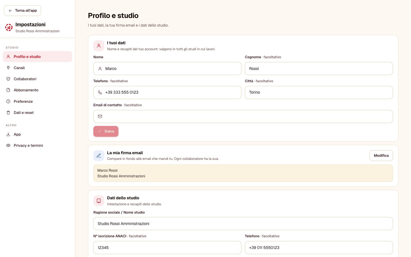 Impostazioni → Profilo e studio